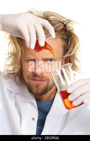 Crazy scientist working in laboratory Stock Photo