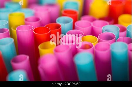 Macro shot of many colourful plastic drinking straws shot in landscape format Stock Photo