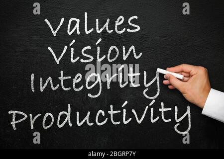 Values, vision, integrity and productivity. How to build a company culture that drives productivity. Blackboard with hand with chalk in hand. Stock Photo