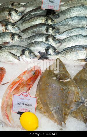 Fresh Bream, Red Gurnard and Sole, displayed on ice with a lemon and on sale at St Helier Fish Market in Jersey, Channel Isles Stock Photo