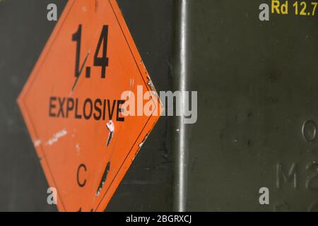 Ammunition metal box with explosives sticker. Stock Photo