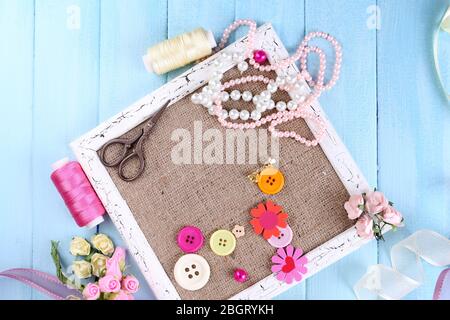 Scrap Booking Craft Materials On Color Wooden Stock Photo, Picture