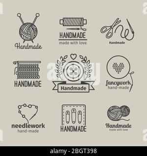 Handmade line vintage logo set. Handmade retro badges or handmade outline labels. Knitwear and sewing symbols. Vector illustration Stock Vector