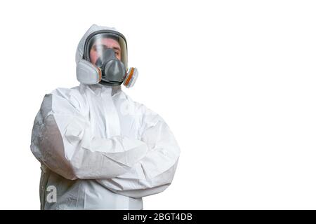 Man in protective suit and respiratory gas mask isolated on white Stock Photo
