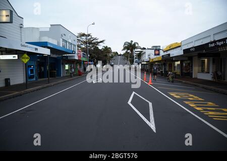 Closed shops and empty deserted streets in St. Heliers, Auckland, New Zealand, during the coronavirus covid-19 lockdown. Stock Photo