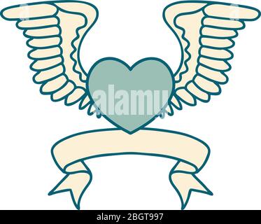 traditional tattoo with banner of a heart with wings Stock Vector