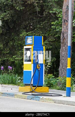 Old gas station. Gas pump screen, showing liters and price. Sofia, Bulgaria - May 6, 2017: Gas station in Sofia, Bulgaria. Stock Photo