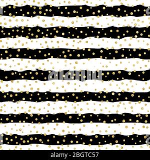 Christmas glitter seamless pattern background. Gold polka dot, foil confetti on trendy black and white stripes. Decoration for card, wallpaper Stock Vector