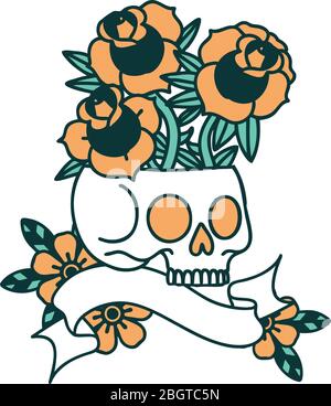 traditional tattoo with banner of a skull and roses Stock Vector Image ...