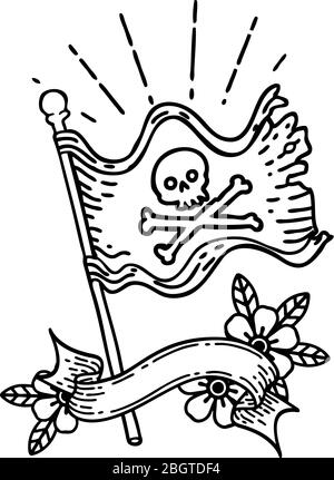 scroll banner with black line work tattoo style waving pirate flag Stock Vector