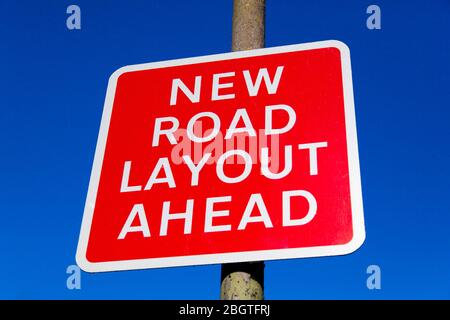 Road sign, New Road Layout Ahead, London, UK Stock Photo