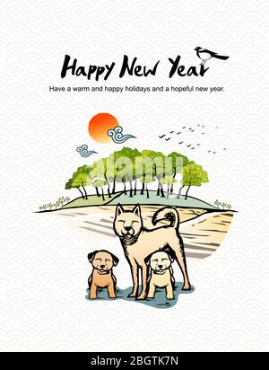 Korea Happy New Year. Dog is a symbol of the 2018 korean New Year. Stock Vector