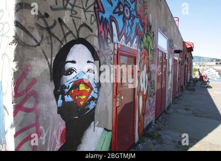 Graffiti ’Super Nurse” by artist FAKE on April 21, 2020 in Amsterdam,Netherlands. Street art on a wall of the former NDSM shipyard in the north of Ams Stock Photo