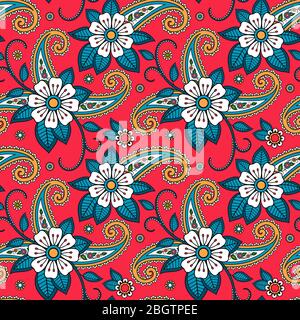 Seamless indian tribal pattern vector red background with oriental flowers Stock Vector