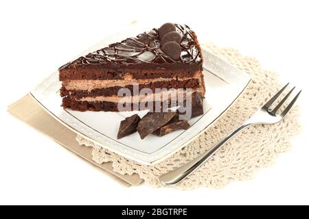 Chocolate cake on plate isolated on white Stock Photo
