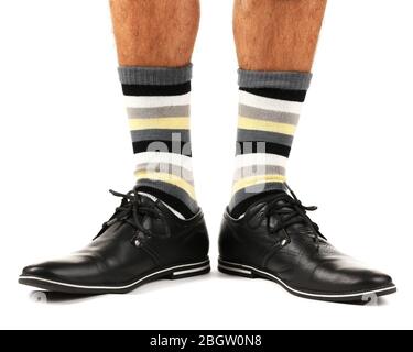 Man leg in suit and colorful socks, isolated on white Stock Photo