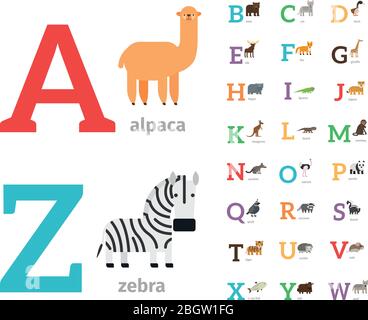 Animals alphabet or zoo alphabet colored icons. Vector illustration Stock Vector