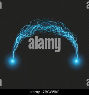 Lightning flash discharge of electricity on transparent background. Blue electrical visual effect. EPS 10 Stock Vector