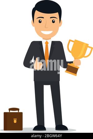 Businessman holding trophy and smiling. Businessman man standing with thumb up sign icon. Vector illustration Stock Vector