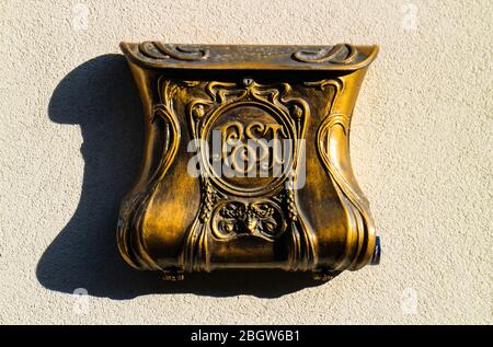 Decorative ornamental vintage mailbox in art déco style, seen in the streets of Budapest, capital of Hungary. Stock Photo