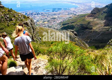 Hiking down Table Mountain via Platteklip Gorge high above Cape Town, Western Cape, South Africa. Stock Photo