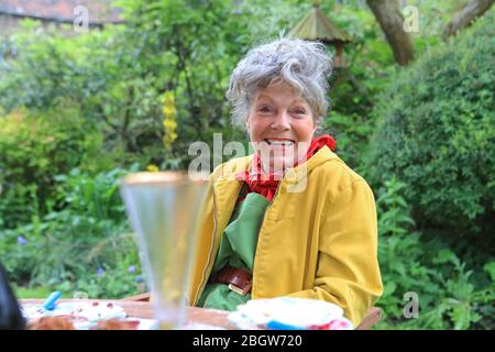 Friends enjoying afternoon tea in UK garden in summer with tea and sparkling wine Stock Photo