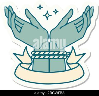 tattoo style sticker with banner of a pair of tied hands Stock Vector