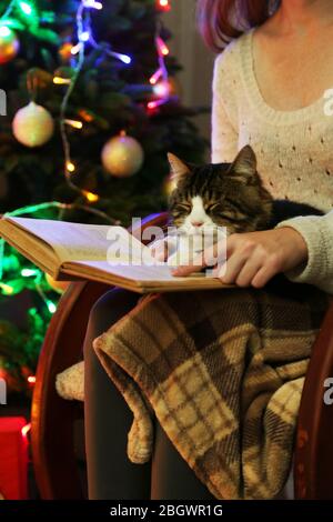 Woman and cute cat sitting on rocking chair and read the book, in the front of the Christmas tree Stock Photo