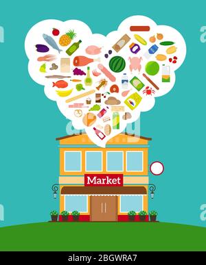 Grocery store with big collection of different food Stock Vector