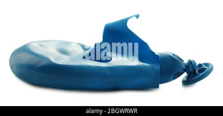Popped blue balloon isolated on white Stock Photo