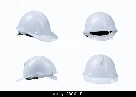 set of white helmet, construction tools and protection Stock Photo