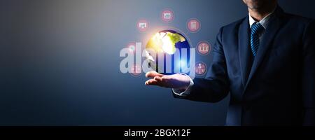 global network connection and high technology, businessman holding glob earth with line connect protect business, worldwide, networking internet conce Stock Photo