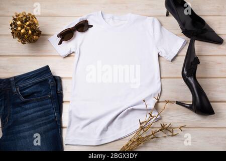 Download White Cotton T Shirt Mockup With High Heels Pointed Toe Women Pumps And Gray Silk Blazer Design T Shirt Template Tee Print Presentation Mock Up Stock Photo Alamy