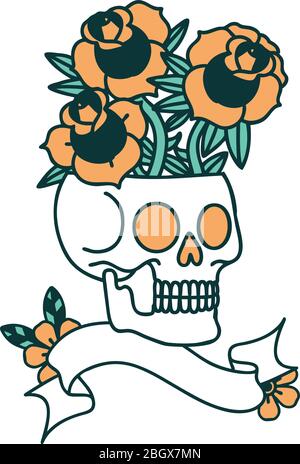 traditional tattoo with banner of a skull and roses Stock Vector Image ...