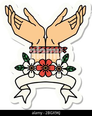 tattoo style sticker with banner of hands tied Stock Vector
