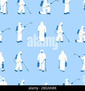 Modern vector seamless pattern in flat style. Endless texture with people in white hazmat suits isolated on blue. Disinfection in public places Stock Vector
