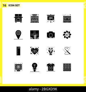 Group of 16 Solid Glyphs Signs and Symbols for setting, online store, web, web, laptop Editable Vector Design Elements Stock Vector