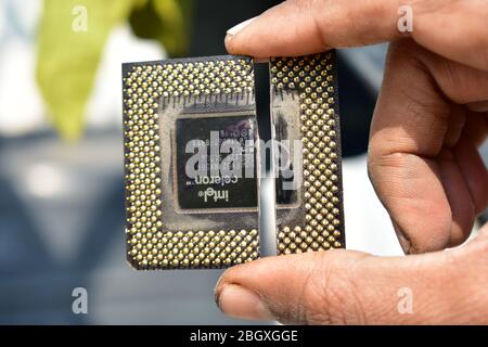 computer processor cut in two pieces Stock Photo