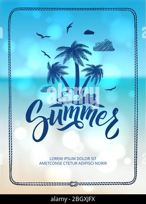 Poster of happy summer time. Postcard decoration with hand drawn letters and words. Vector illustration. Summer holiday travel sea, tropical palm para Stock Vector