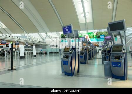 Empty Air Canada check-in area inside Terminal 1 at Toronto Pearson Intl. Airport during the global pandemic of COVID-19 Coronavirus. Stock Photo