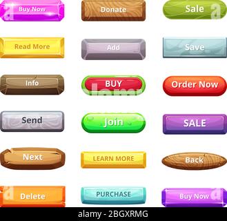 Cartoon buttons for web market and other internet projects. Button interface menu buy now, delete, back and learn more. Vector illustration Stock Vector