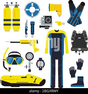 Diver and set elements for underwater sport. Illustrations of diving in flat style. Underwater equipment scuba and mask, snorkeling and tube Stock Vector