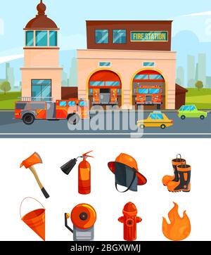 Municipal building of fire station services. Vector pictures isolate on white. Fire station and firehouse, equipment for fire department illustration Stock Vector