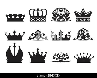 Silhouette of diadems and crowns. Vector monochrome pictures isolate. Crown queen or princess, luxury crown decoration illustration Stock Vector