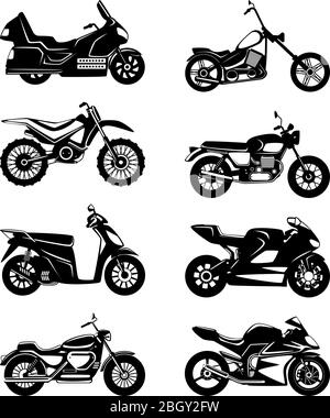 Silhouette of motorcycles. Vector monochrome illustrations set. Black white motorbike speed, chopper transport Stock Vector