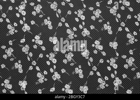 Vintage fabric with roses and spots pattern, black and white image Stock Photo