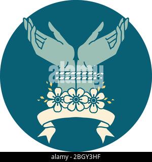 tattoo style icon with banner of hands tied Stock Vector