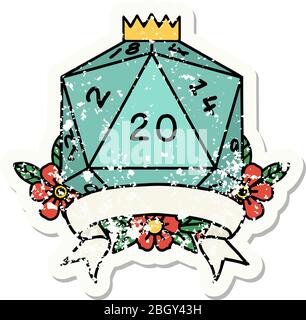 grunge sticker of a natural 20 critical hit D20 dice roll Stock Vector
