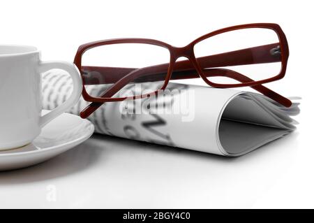 Glasses and newspapers, isolated on white Stock Photo