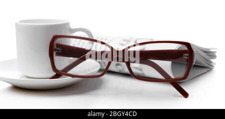 Glasses and newspapers, isolated on white Stock Photo